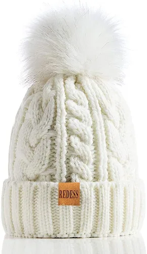 Vista 36 de Redess Gorro de invierno con pompón y forro polar cálido, grueso y holgado, tejido, para la nieve, para esquiar, para mujer Beige