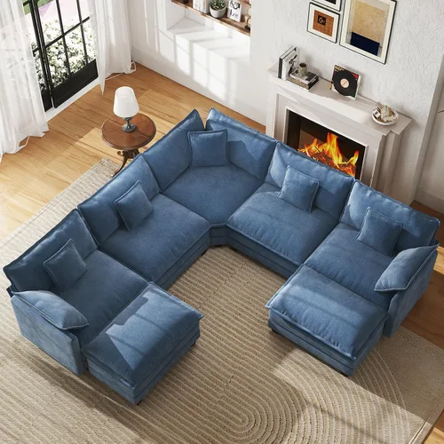 Vista 8 de Sofá de nube en forma de L de 77 pulgadas, sofá modular con otomana, cómodo sofá biplaza de felpilla con almohada para sala de estar, dormitorio