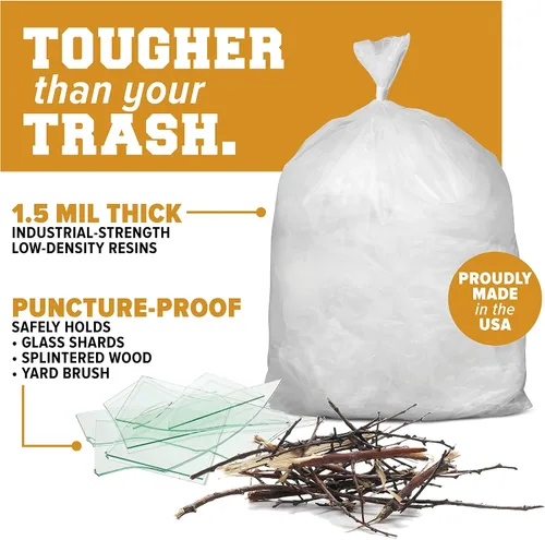 Vista 4 de Bolsas de basura con capacidad de 65 galones, 50 bolsas por caja, Transparente