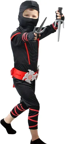 Vista 2 de Brwoynn Disfraz de Ninja Deluxe de Halloween para niños con accesorios de espuma Ninja