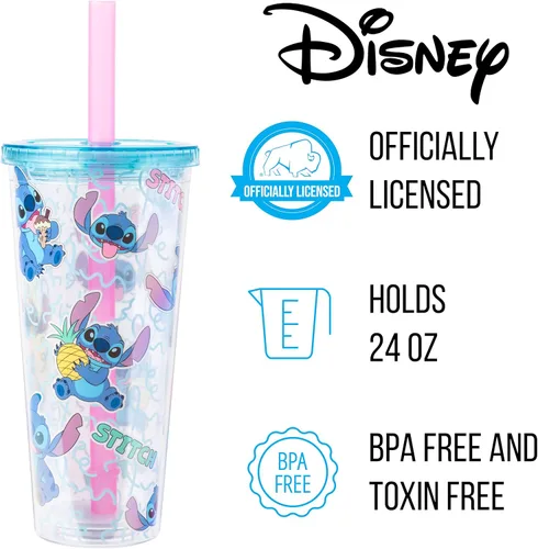 Vista 2 de Silver Buffalo Disney Lilo and Stitch - Vaso de plástico con tapa y pajita, 24 onzas