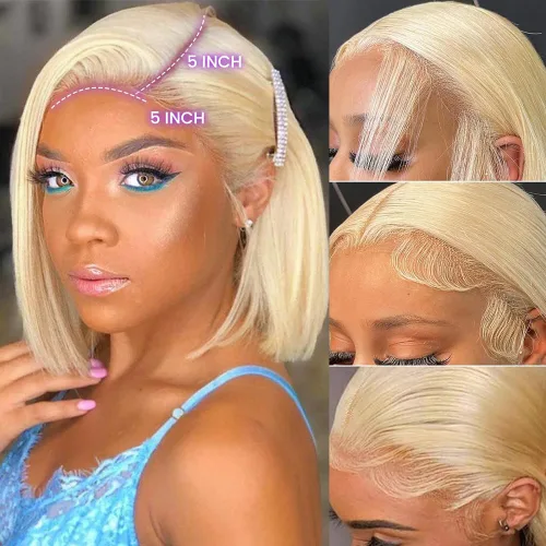 Vista 4 de UTIDE Peluca de cabello humano lacio de 5 x 5 pulgadas, peluca frontal de encaje frontal transparente HD de 150 %, peluca frontal corta y recta de 5