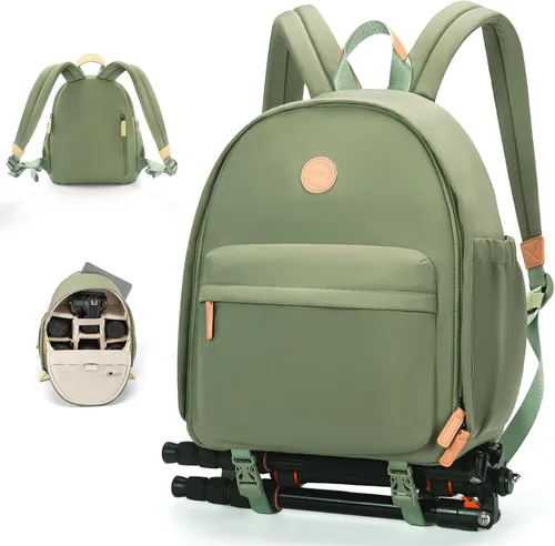 Vista 11 de Cwatcun Mochila para cámara pequeña para mujer, bolsa de cámara réflex digital de moda con correa de trípode, compartimento para laptop y divisores