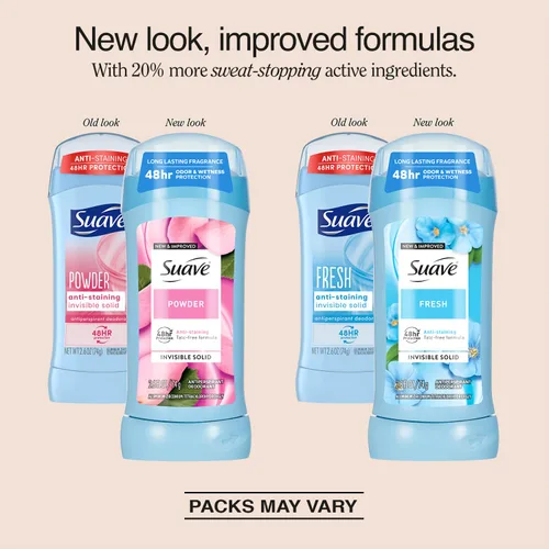 Vista 2 de Suave Desodorante antitranspirante para mujer, variedad fresca y en polvo, paquete de 2 unidades, barras sólidas invisibles antimanchas, sin talco