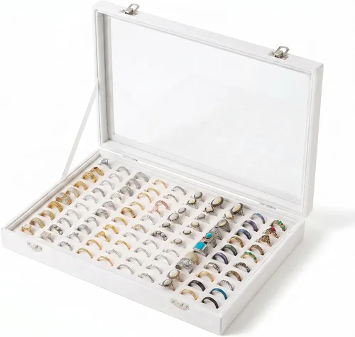 Vista 13 de Frebeauty Bandeja organizadora de anillos de 100 ranuras, caja de Beige