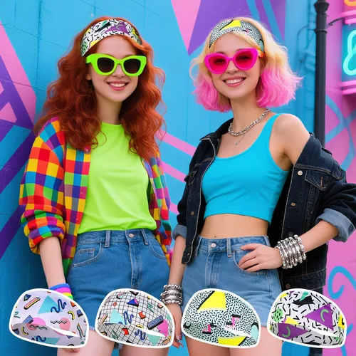 Vista 6 de Paquete de 8 diademas de neón con estampado de los años 80 y 90, accesorios retro de los años 80, trajes de los años 90 para mujeres, banda