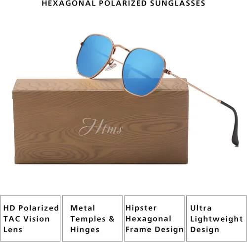 Vista 6 de Hipster. - Lentes de sol polarizados hexagonales para hombre y mujer, diseño geométrico, cuadrados, pequeños, marco de metal vintage, gafas de sol