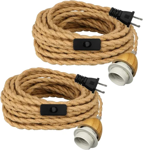 Vista 10 de Luces colgantes rústicas de granja con cable enchufable, cable de cuerda de cáñamo trenzada de 16.7 pies, pantalla tejida de cáñamo de 23x10 cm