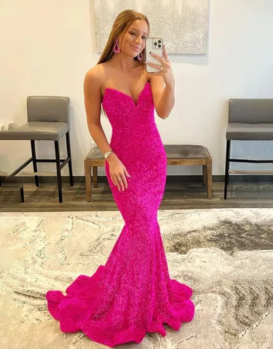 Vista 2 de Vestidos de fiesta de sirena para mujer, vestido de fiesta con lentejuelas brillantes, cuello en V, vestido largo formal de noche