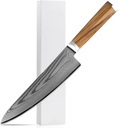 Vista 8 de Cuchillo Santoku de 8 pulgadas, cuchillo de cocina japonés profesional con acero de Damasco de 66 capas, borde afilado, mango ergonómico