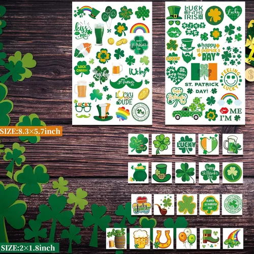 Vista 3 de Zeecdatoo 23 hojas grandes de accesorios de tatuajes para el día de San Patricio, más de 100 piezas de tatuajes temporales de trébol de la suerte