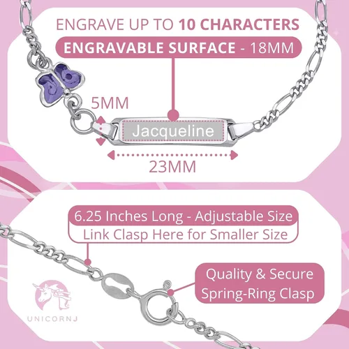 Vista 2 de UNICORNJ Pulsera de plata de ley 925 Italia con nombre para niños o bebés pulseras de identificación grabadas personalizadas para niños cadena