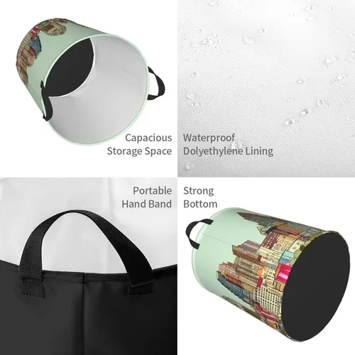 Vista 4 de Austin Texas - Cesta circular con estampado de Texas, impermeable, cesta organizadora de lavandería, con asas, para ropa, juguetes, pequeña