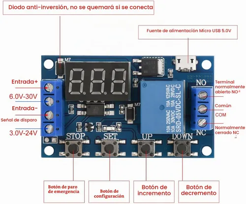 Vista 6 de 2 unids 5V Micro USB temporizador relé DC 6-30V ciclo programable retardo temporizador módulo interruptor con pantalla LED digital