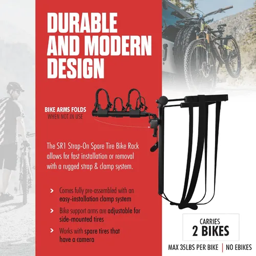 Vista 5 de Hollywood Racks SR1 - Soporte para neumáticos de repuesto para 2 bicicletas Adjustable Rear Bike Rack for SUV, Jeep, Fits Most Spare Tires