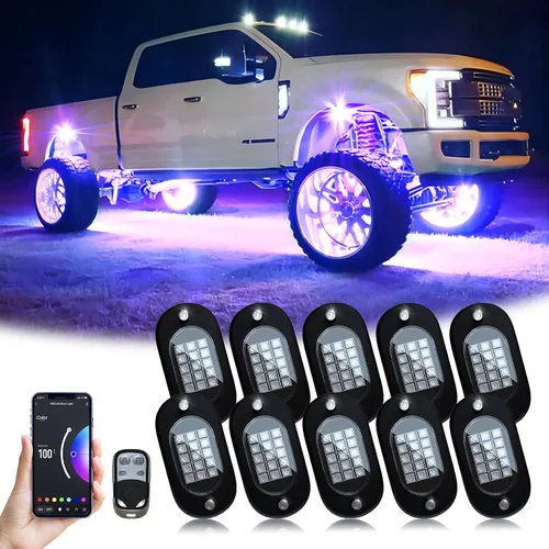 Vista 9 de YiLaie Luces LED RGB, 60 LED de alto brillo, kit de luz de neón multifunción impermeable para coche con control de aplicación/RF, luces de roca