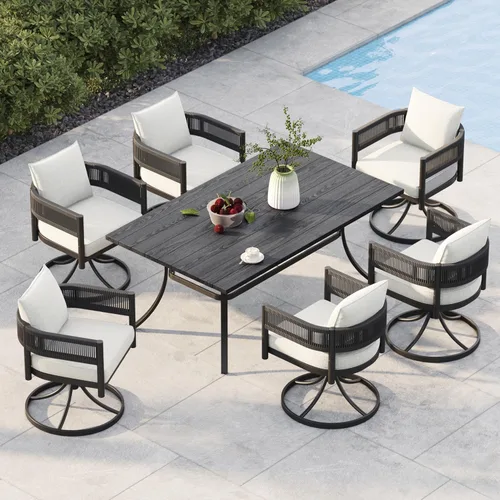 Vista 16 de Juego de comedor al aire libre Grand Patio de 5 piezas para 4, sillas de patio fijas de mimbre tejido metálico con cojines engrosados y 1 mesa