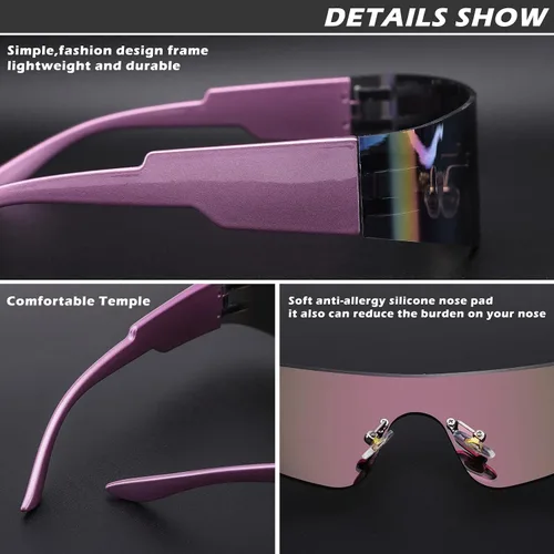 Vista 5 de Hycredi Y2K - Lentes de sol envolventes futuristas sin montura para mujeres y hombres, lentes de visera de una pieza, persianas Cyber Punk