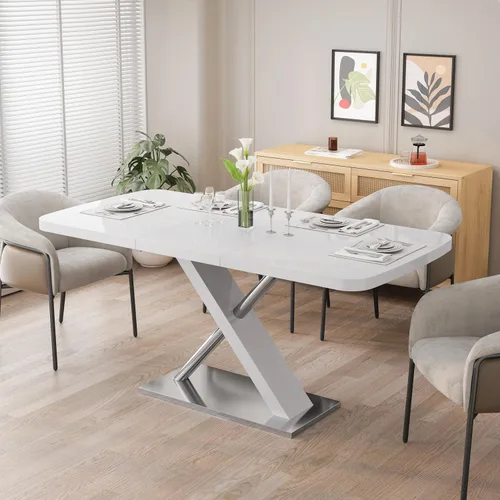 Vista 11 de Mesa de comedor extensible blanca moderna de 63 pulgadas Parte superior blanca+pierna blanca extensible