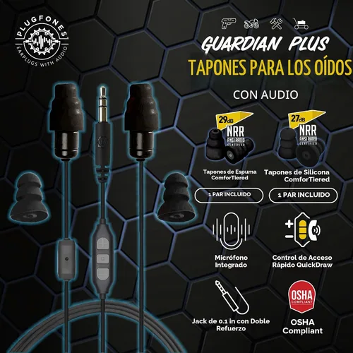 Vista 2 de Plugfones Guardian Plus - Auriculares de seguridad con tapón para los oídos, compatible con OSHA, color negro Negro/Negro