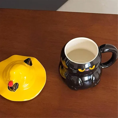Vista 7 de Taza de café de cerámica, diseño de gato negro, hecho a mano, con sombrero de mago, tapa, asa, oficina, hogar, chocolate caliente con leche, regalos