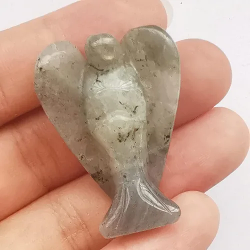 Vista 22 de Estatua de ángel guardián de oración de cristal curativo de labradorita negra natural, 1.5 pulgadas, tallado en bolsillo, figuras de piedra de palma