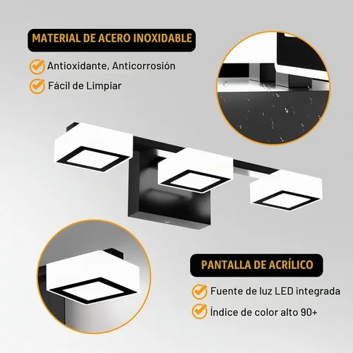 Vista 8 de Lámparas LED modernas para baño, 3 luces regulables con 5 modos de color, accesorios de iluminación de pared de baño acrílico negro mate sobre