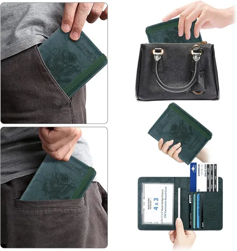 Vista 5 de WALNEW Soporte para pasaporte para viajes, funda de pasaporte RFID para mujeres y hombres, funda de piel sintética para pasaporte con soporte