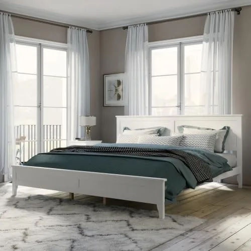 Vista 12 de anwickjeff Base de cama de tamaño matrimonial con cabecero y estribo, cama de plataforma de madera maciza blanca de estilo conciso moderno