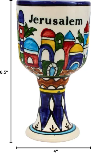 Vista 6 de Holy Land Market Copa de vino de cerámica armenia - Murallas y vistas de la ciudad de Jerusalén, diseño de cerámica medieval, grande de 6.5 pulgadas