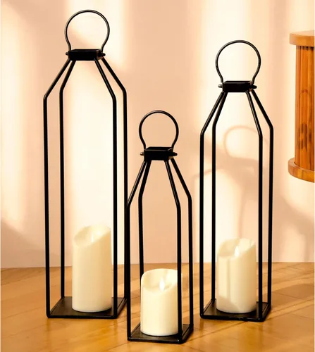 Vista 12 de Perfnique Linternas de metal con madera de pino, juego de 2 linternas de estilo casa de campo decorativas con vela sin llama impermeable