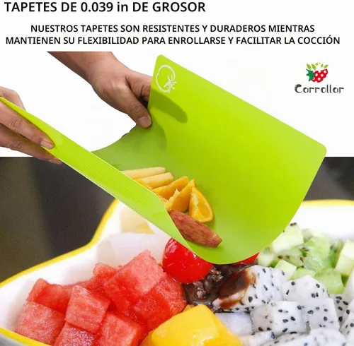 Vista 5 de Juego de 4 tablas de cortar de plástico flexible, con íconos de alimentos, sin BPA, no porosas, con parte trasera adherente y aptas para lavavajillas