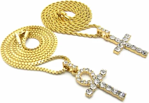 Vista 5 de Shiny Jewelers USA Juego de collar de cadena con forma de cruz de tobillo egipcia para hombre (llave de vida), Metal, Circonia cúbica