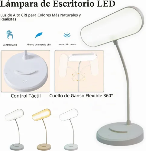 Vista 2 de Lámpara de escritorio, LED que cuida los ojos para estudiantes, regulable al tacto, 3 modos de color, recargable USB-C, cuello de cisne flexible
