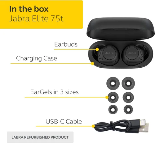 Vista 6 de Auriculares inalámbricos Jabra Elite 75t con asistente de voz, color negro, con estuche de carga (renovados)