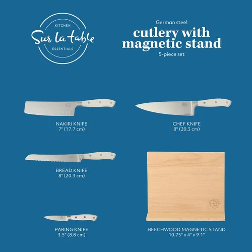 Vista 2 de Sur La Table Kitchen Essentials - Juego de 5 piezas de cuchillos de acero alemán con mango triple remachado en bloque magnético de madera de haya