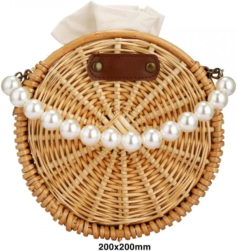 Vista 5 de Bolso de playa para mujer, bolso de mimbre rectangular tejido a mano, bolso de mimbre con perlas, bolso retro de paja de verano
