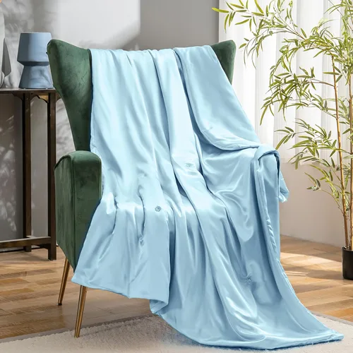 Vista 5 de Vonty Manta de Satén, Manta de Satén Azul Bebé de 50x60 Pulgadas, Refrescante y Sedosa, Sin Arrugas de Punto Trenzado para Sofá, Sofá, Cama