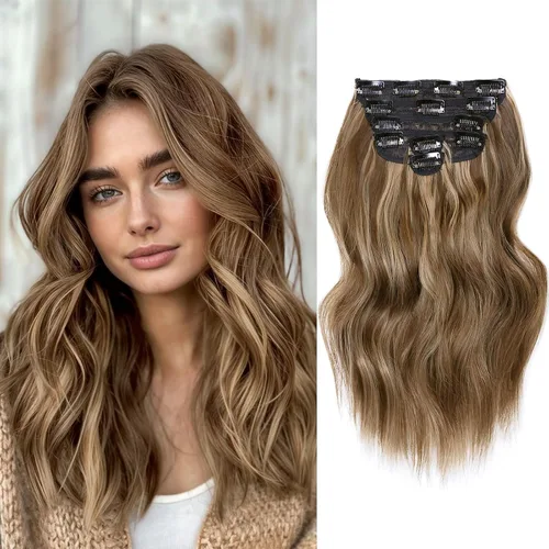 Vista 20 de NAYOO - Extensiones de cabello con clip, extensiones sintéticas onduladas de 20 pulgadas, 6 unidades Wavy Curly Hair, Full Head Coverage, Heat