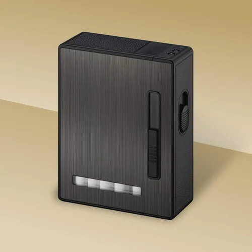 Vista 6 de Estuche de cigarrillos de expulsión automática de 20 piezas con encendedor de arco eléctrico recargable, resistente al viento, sin llama, soporte