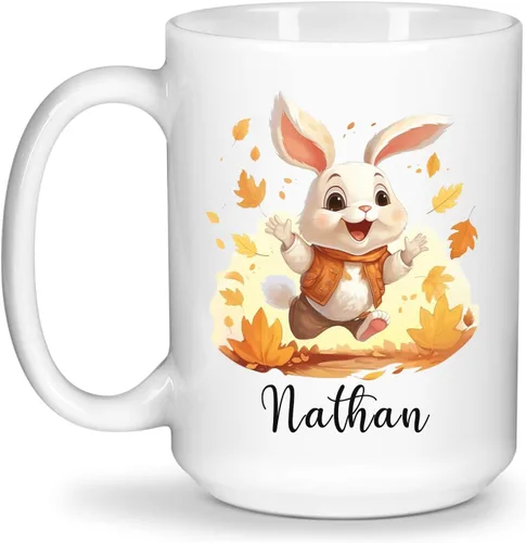 Vista 15 de Taza de viaje de cerámica personalizada de conejo, taza con nombre personalizado para los amantes de los conejos, taza de té con nombre temático