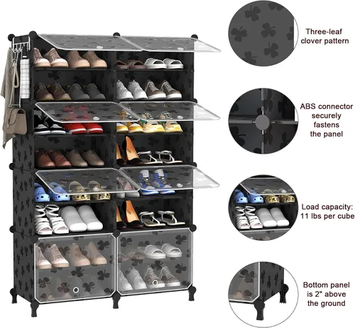 Vista 7 de UNKU Zapatero de 8 niveles, armario de almacenamiento de zapatos de 32 pares de estantes de plástico para zapatos, organizador para armario, Negro