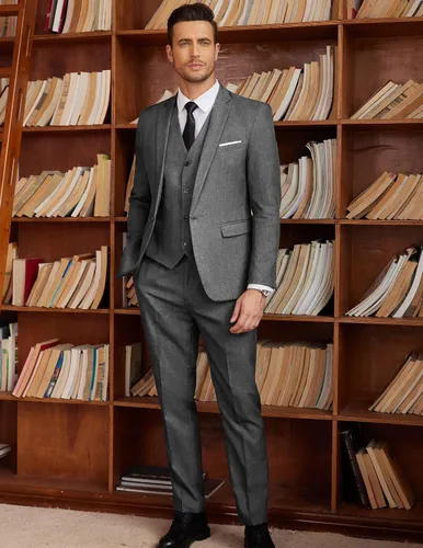 Vista 2 de COOFANDY Trajes ajustados de 3 piezas para hombre, con un botón, chaleco, pantalones de traje con corbata