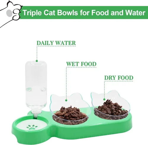 Vista 6 de Cuencos triples para gatos con dispensador de agua, juego de cuencos para agua y alimentos para mascotas con alfombrilla antideslizante, cuencos