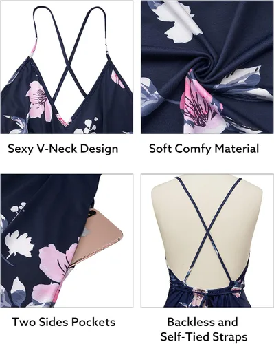 Vista 5 de OUGES Vestido casual de verano con cuello en V y tirantes delgados ajustables para mujer sin espalda con bolsillos
