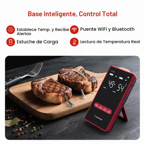 Vista 2 de Termómetro inalámbrico Meatmeet X Pro para carne con Wi-Fi dual y Bluetooth, termómetro digital para carne con 2 sondas y base de pantalla LED, 6
