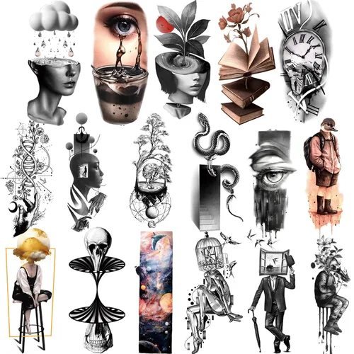 Vista 8 de Tatuajes temporales para hombres y mujeres adultos, 77 hojas de calcomanías de tatuaje falsas, lágrimas de serpiente, relojes, planetas