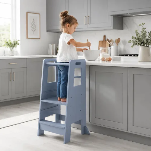 Vista 8 de Taburete de cocina para niños pequeños, ayudante de pie de madera ajustable de 3 niveles con barandilla, taburete de cocina para niños para cocinar