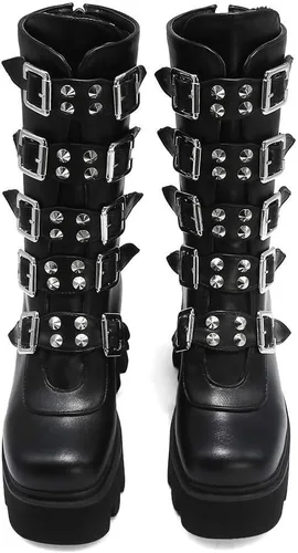 Vista 4 de YIYA - Botas de combate a media pantorrilla con estoperoles para mujer, botas de plataforma góticas negras, botines de plataforma con hebilla