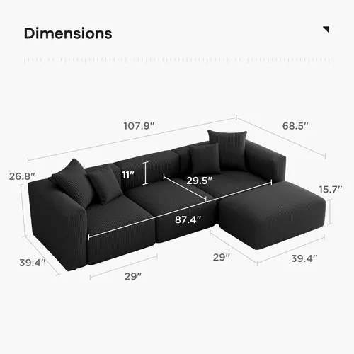 Vista 2 de Acanva Sofá modular convertible con otomana, en forma de L, negro Sofá de pana, marco de madera, combinación libre, sofá cama, para sala de estar